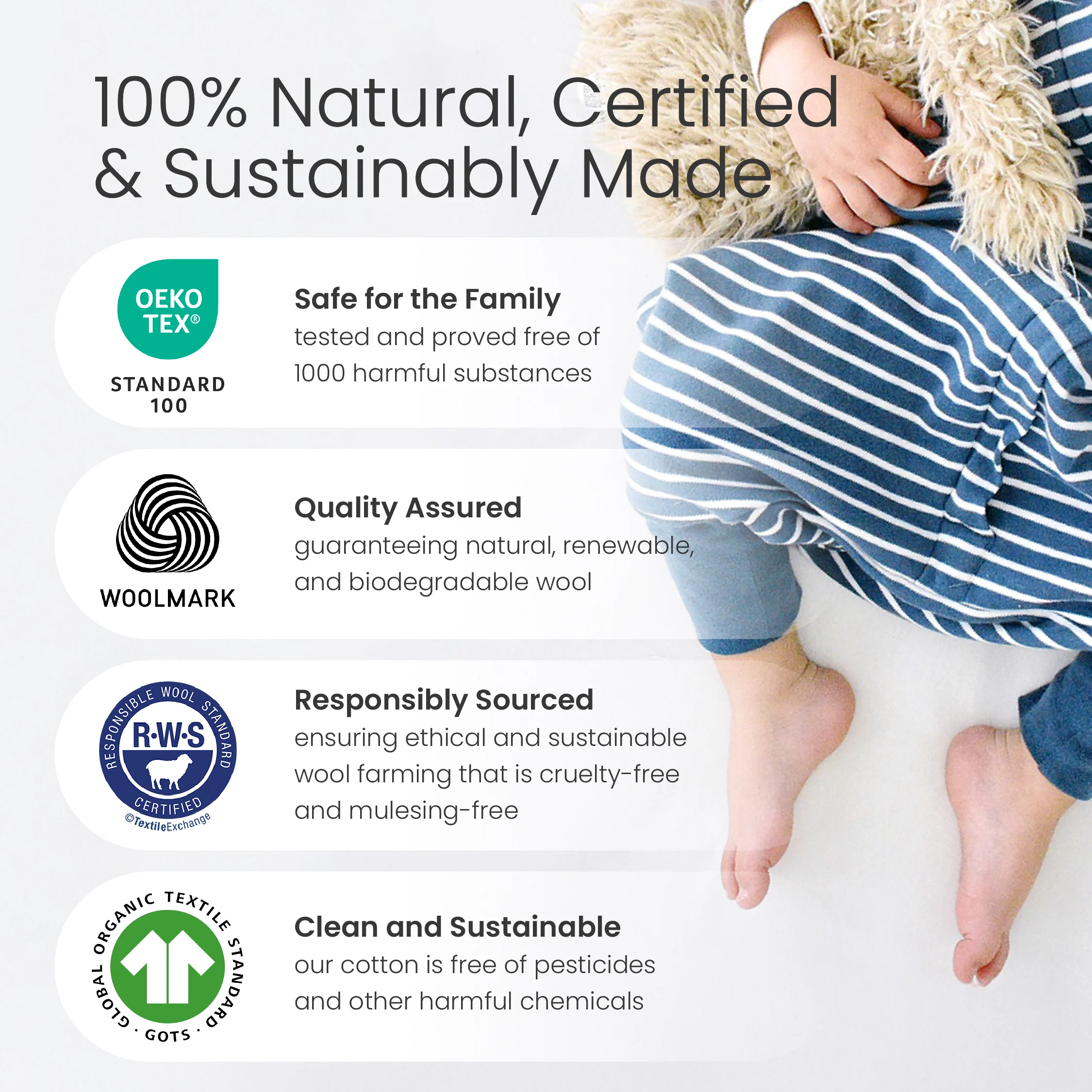 4 Season® Baby Sleep Bag with Feet, Merino Wool & Organic Cotton, Sheep - Image 8