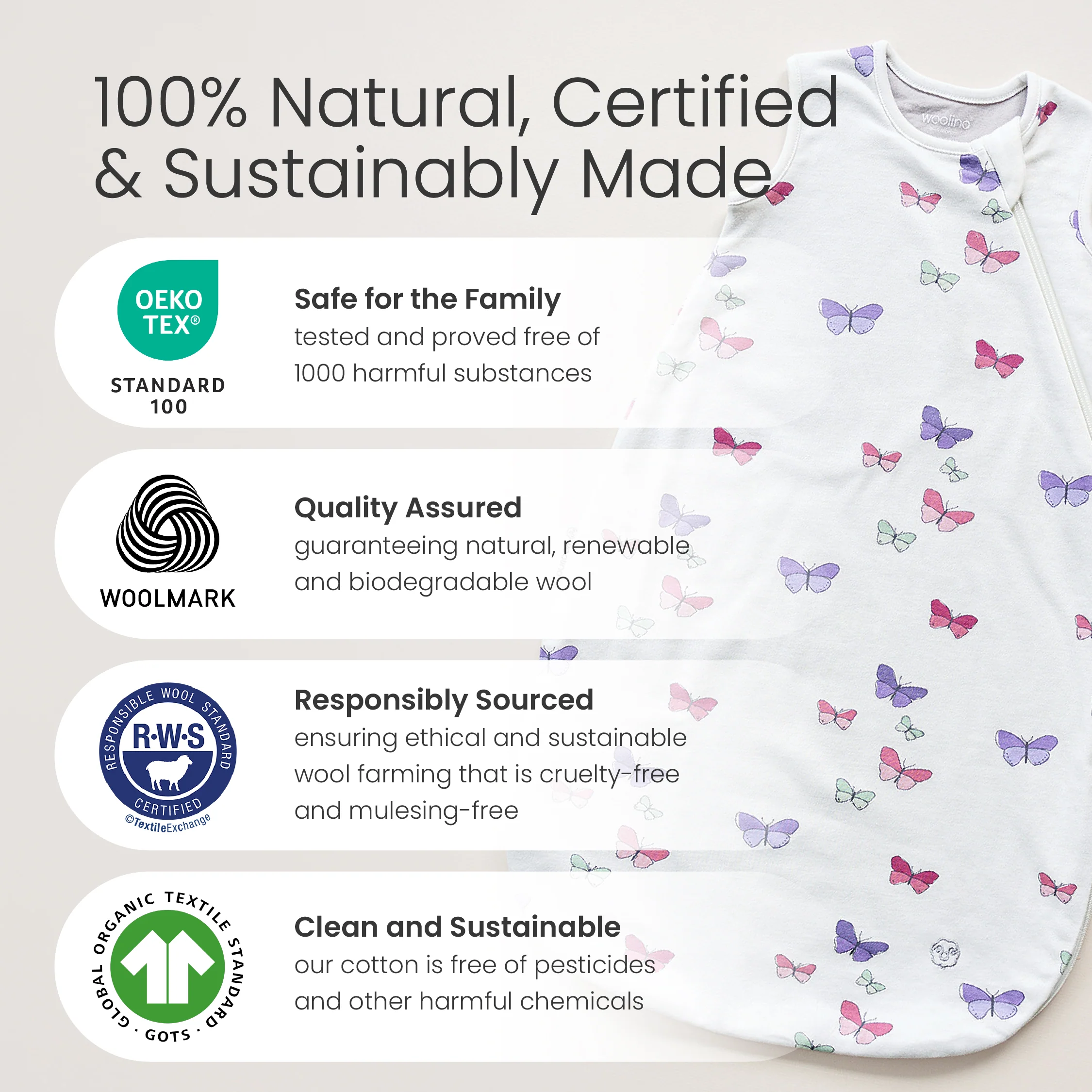 4 Season® Classic Baby Sleeping Bag, Merino Wool & Organic Cotton, Sheep - Image 6