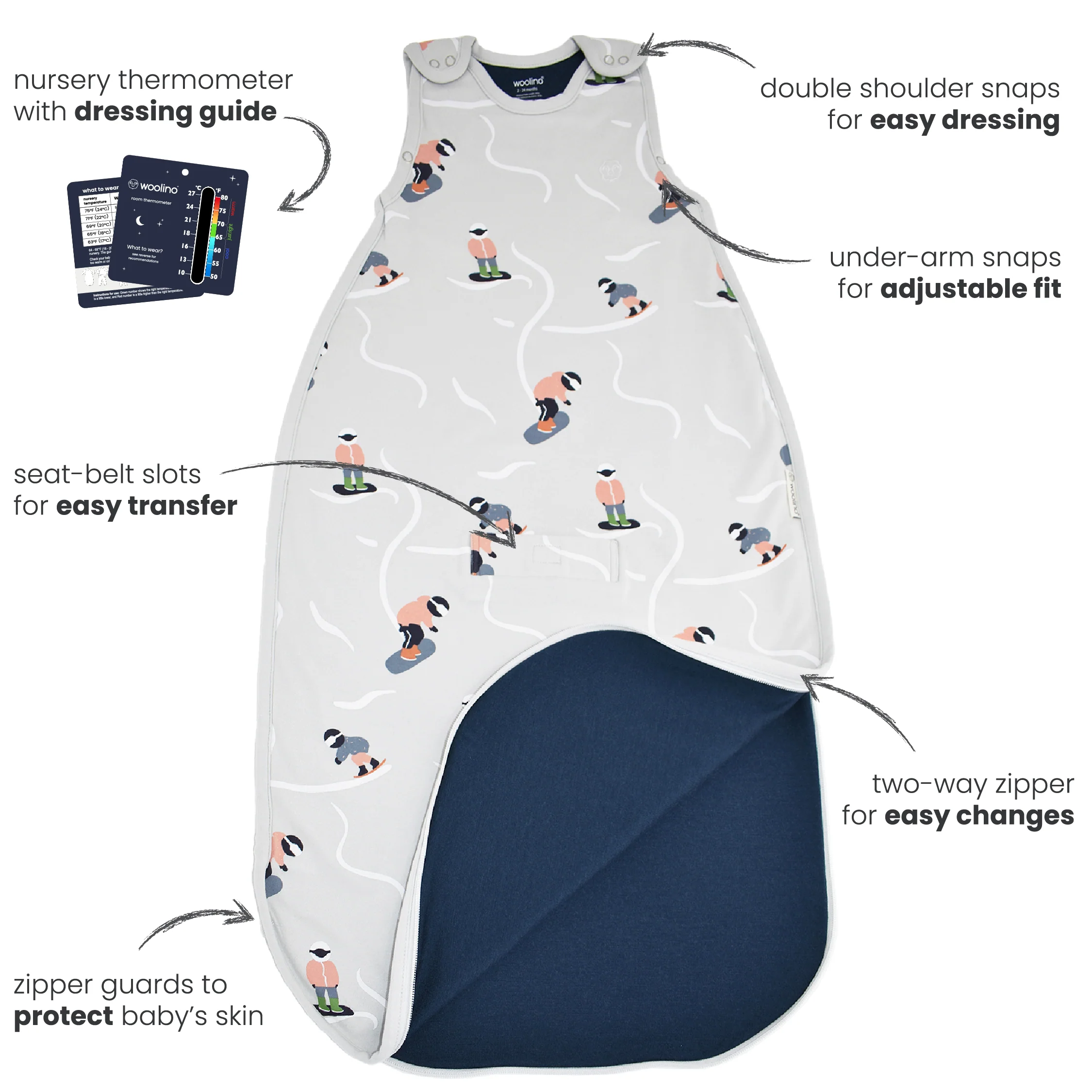 4 Season® Ultimate Baby Sleep Bag, Merino Wool & Organic Cotton, Snowboarder - Image 8