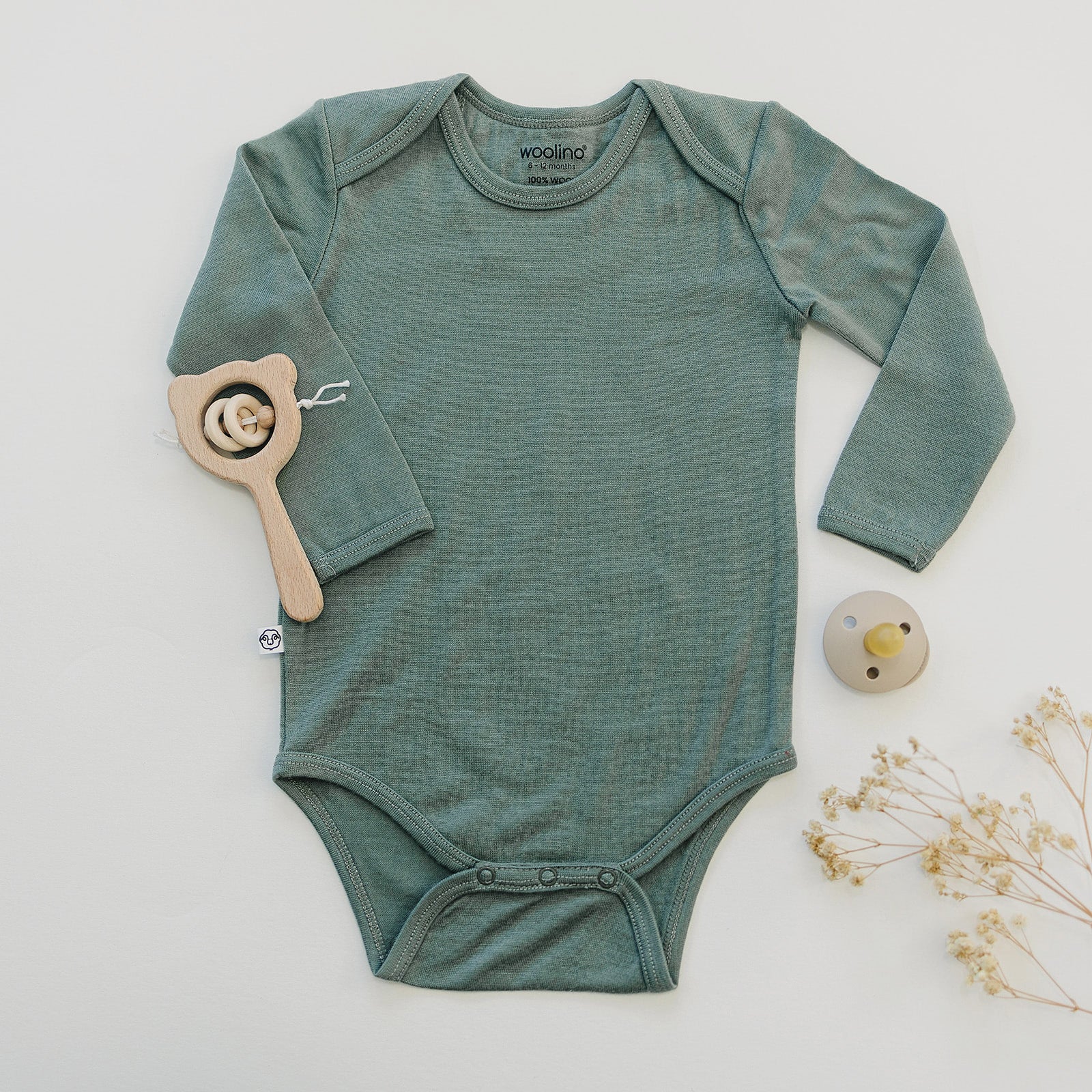 Baby Bodysuit, Long Sleeve, Merino Wool, Sage - Image 5
