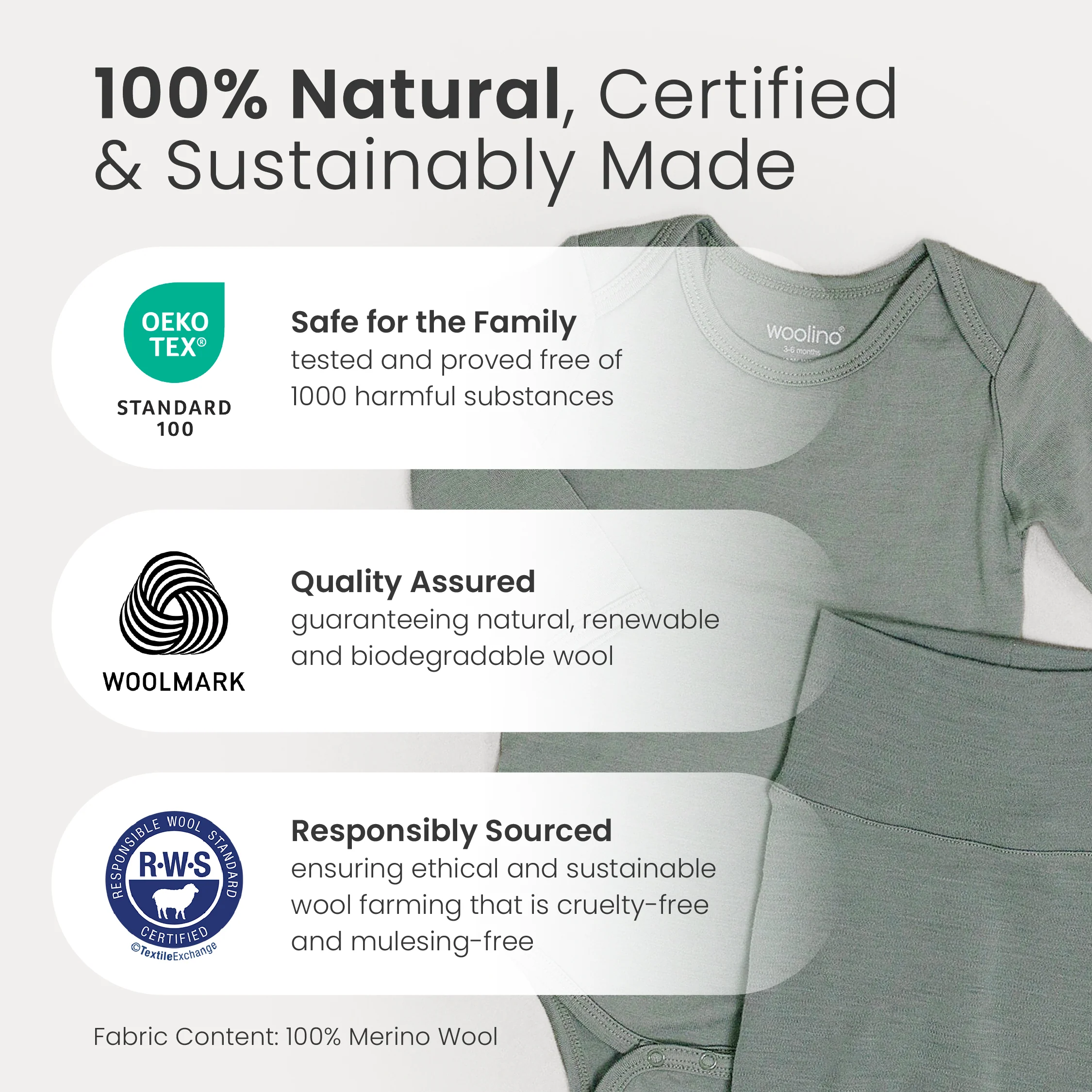 Baby Bodysuit, Long Sleeve, Merino Wool, Sage - Image 6