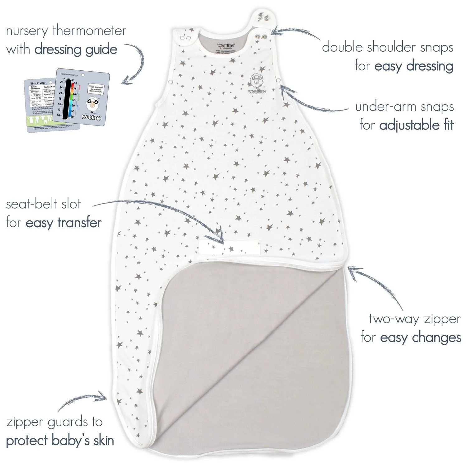 4 Season® Ultimate Baby Sleep Bag, Merino Wool & Organic Cotton, Star White - Image 7