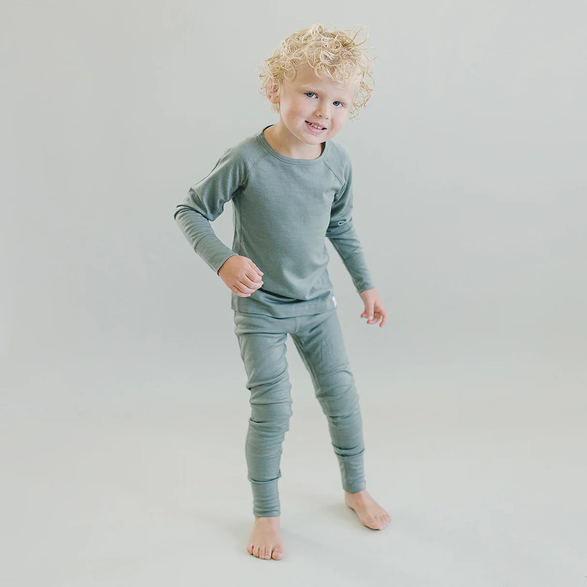 Kids Merino Wool Base Layer, Long Sleeve Top, Sage - Image 4